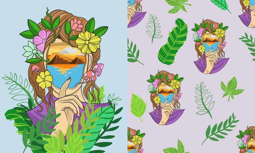 Fantasy girl tropical seamless pattern vector