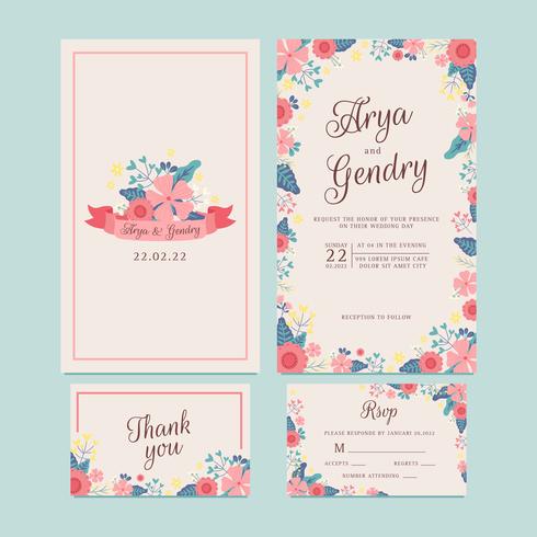 Hand Drawn Spring Flower Wedding Invitation,Flower Ribbon,Thank You card, Pattern,RSVP. Printable Templates with Floral, Flower Collection. Vector - Illustration