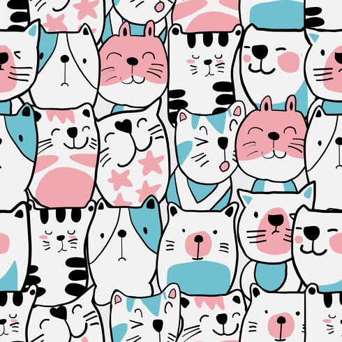 Hand drawn cat cartoon seamless pattern vector