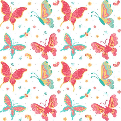 Hand drawn Butterflies, insect, flowers and plant Seamless Pattern isolated on white Background - Vector Illustration