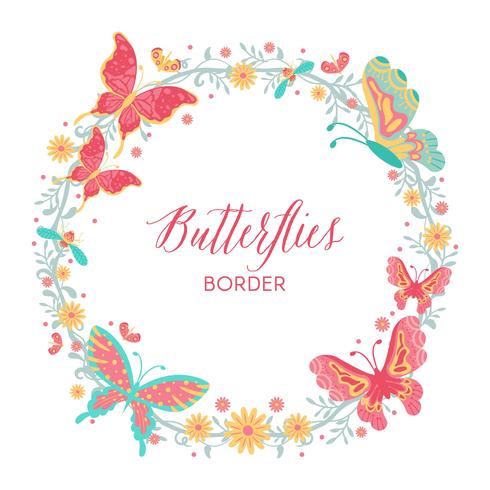 Hand drawn Butterflies, insect, flowers and plant Wreath Border isolated on white Background - Vector Illustration