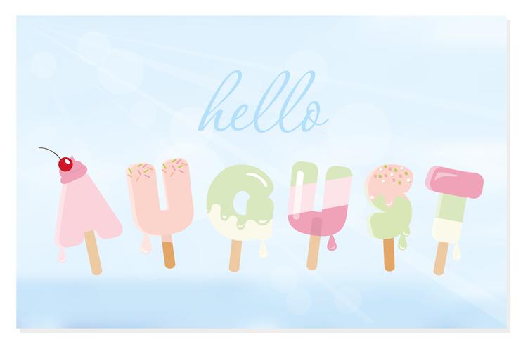 Hello august letters on blurred sky background. vector