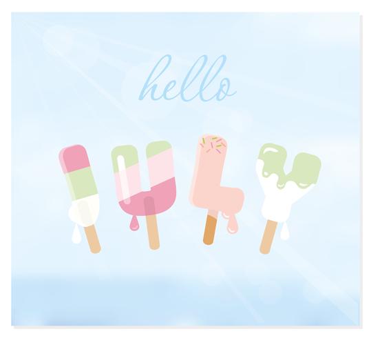 Hello july letters on blurred sky background. vector