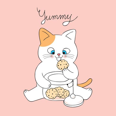 Cartoon cute cat eating cookies vector. vector