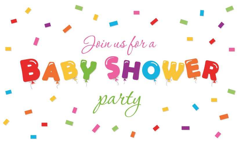 Baby shower festive background. Party invitation banner with balloon colored letters and confetti. vector