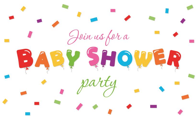 Baby shower festive background. Party invitation banner with balloon colored letters and confetti. vector