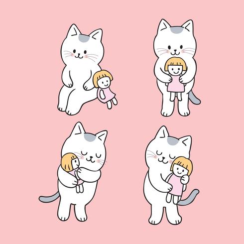 Cartoon cute cat and doll vector. vector