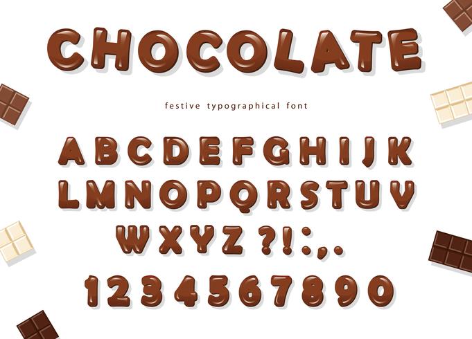 Diseño de fuente de chocolate. Dulces y brillantes letras y números de ABC. vector