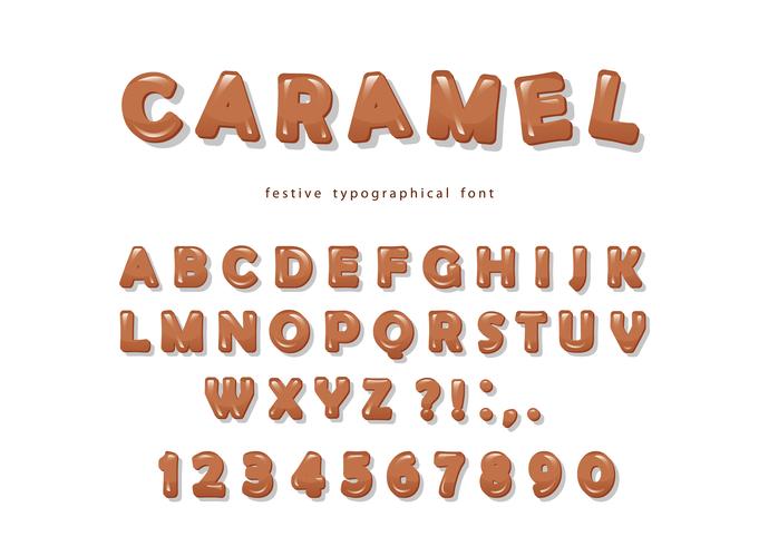 Caramel font design. Sweet glossy ABC letters and numbers. vector