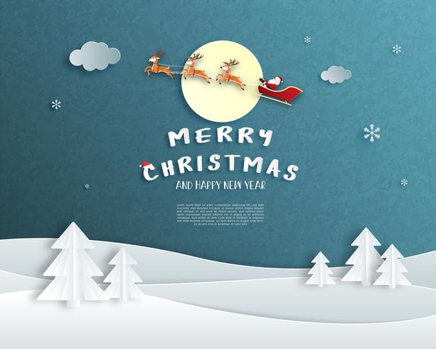 Merry Christmas and Happy new year greeting card in paper cut style. Vector illustration Christmas celebration background. Design for banner, flyer, poster, wallpaper, template.