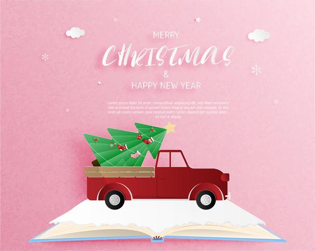 Tarjeta de felicitación feliz Navidad y feliz año nuevo en el estilo de corte de papel. Fondo de la celebración de la Navidad de la ilustración del vector. Folleto, volante, plantilla de banner. vector