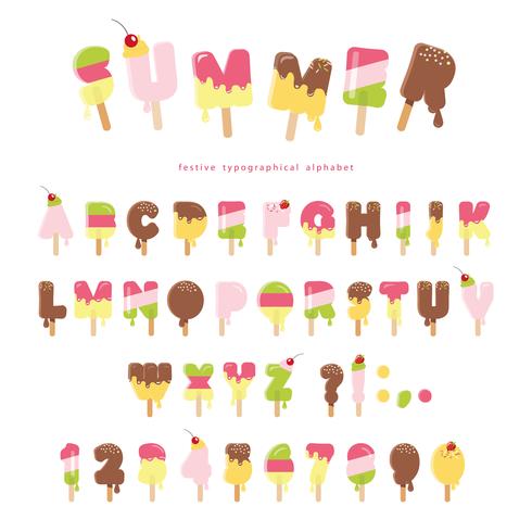 Hello summer ice cream letters isolated on white. Festive paper cut out stickers. vector