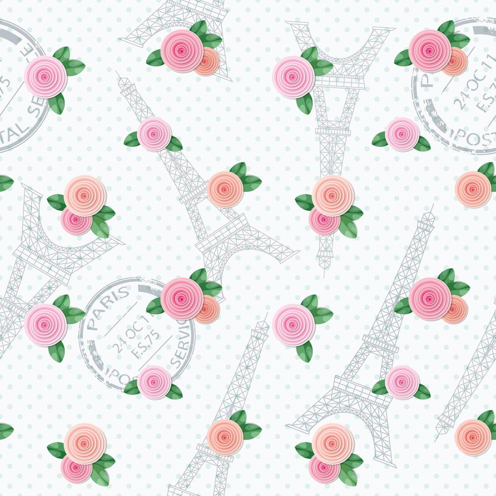 Romantic seamless pattern with Eiffel tower, stamps and roses. For ...