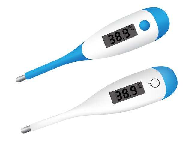 Termómetro digital que muestra las cifras de temperatura en el cuerpo cuando la enfermedad es alta. vector