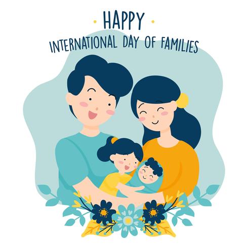 Dibujado a mano Día Internacional de la Familia / Día Internacional de las Familias con Fondo de Amor de Corona de Flores - Padre Madre Hija Hijo Bebé Ilustración Vectorial vector