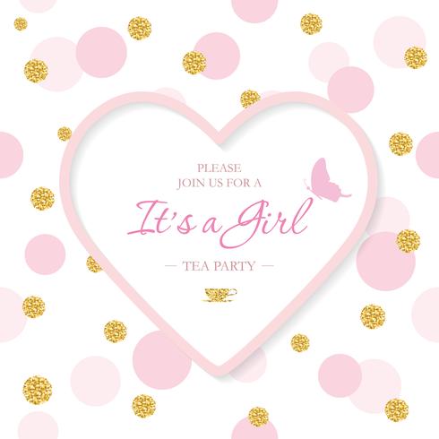 Girl Baby Shower invitation template. Included laser cutout heart shaped frame on seamless polka dot pattern with glitter confetti. Can be used for Valentine s Day or wedding design. vector