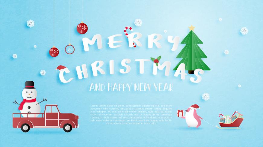 Tarjeta de felicitación feliz Navidad y feliz año nuevo en el estilo de corte de papel. vector