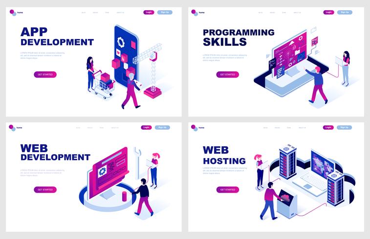 Conjunto de plantillas de páginas de aterrizaje isométricas para aplicaciones y desarrollo web, programación, hosting. Los conceptos isométricos modernos del ejemplo del vector adornaron el carácter de la gente para el desarrollo del sitio web.