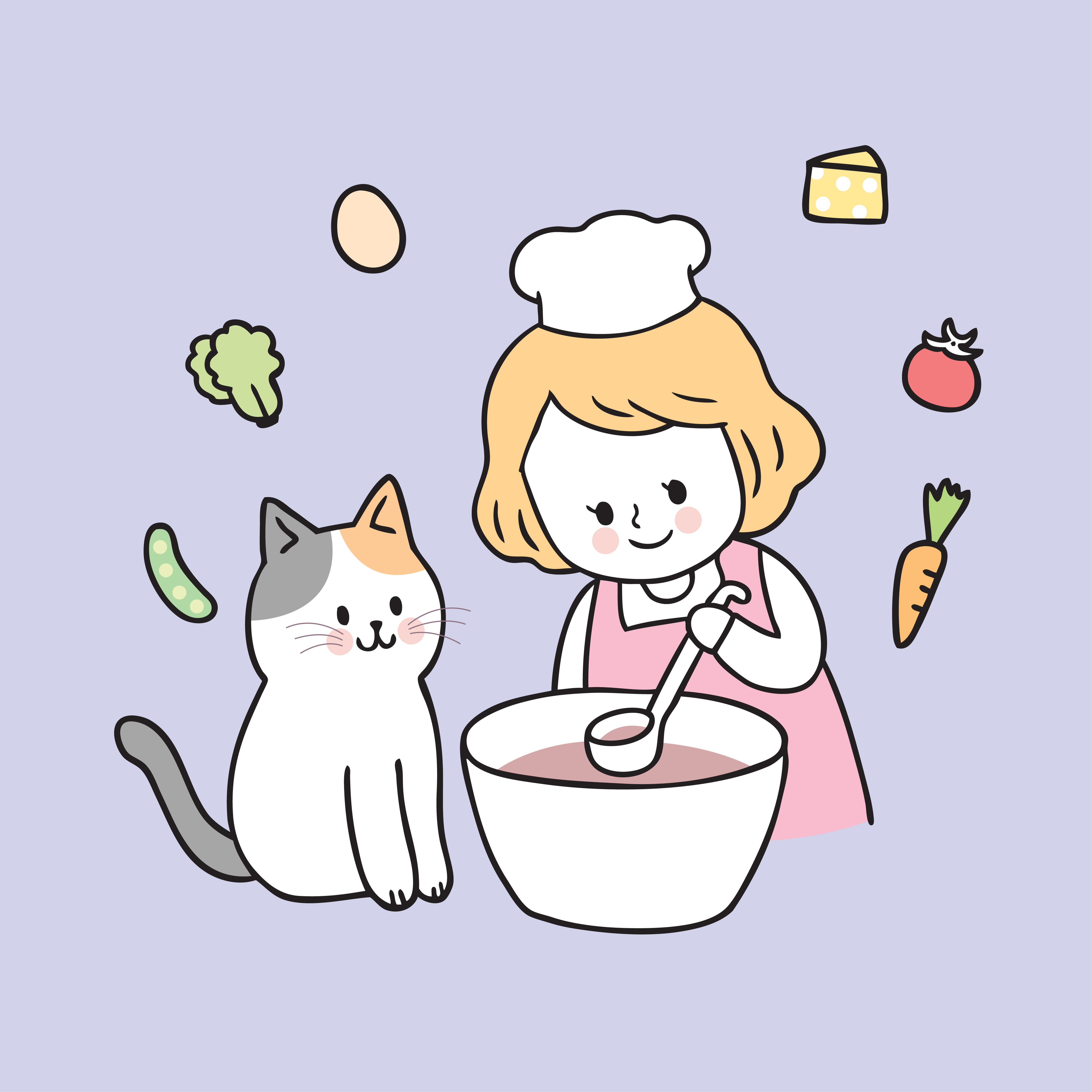 Cartoon cute girl and cat cooking vector. 622917 Vector Art at Vecteezy