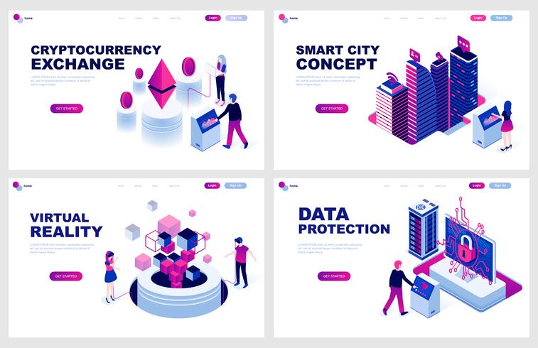 Conjunto de plantilla de página de aterrizaje isométrica para Cryptocurrency, Smart City, Realidad Virtual, Protección. Los conceptos isométricos modernos del ejemplo del vector adornaron el carácter de la gente para el desarrollo del sitio web.