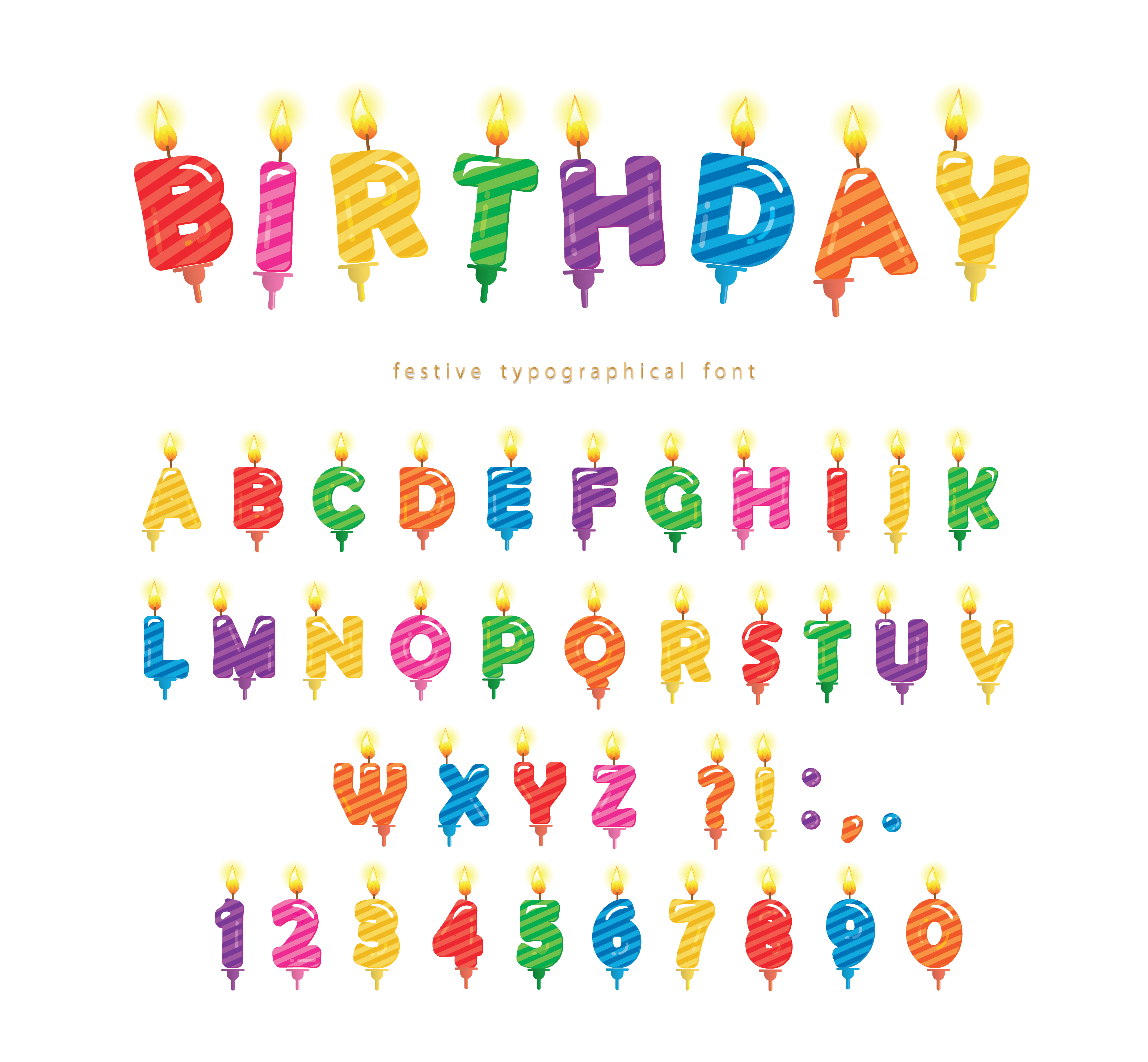 Birthday candles colorful font design. Bright festive ABC letters and