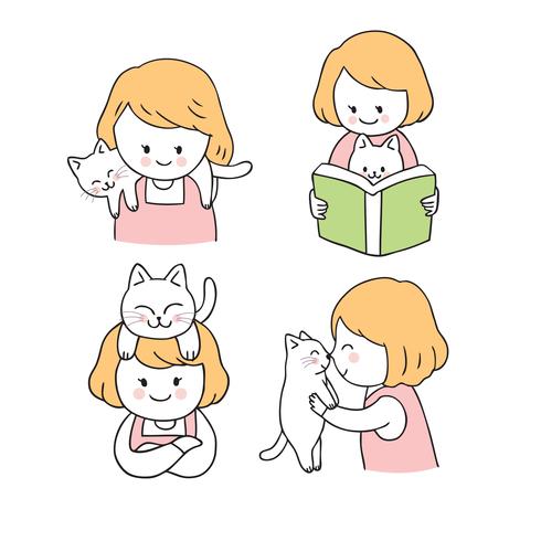 Dibujos animados linda niña y gato set vector