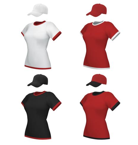 Conjunto femenino en blanco de la plantilla del polo y de la gorra de béisbol del uniforme aislado en blanco vector