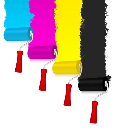 Rodillos de pintura CMYK con pared redecorada. vector