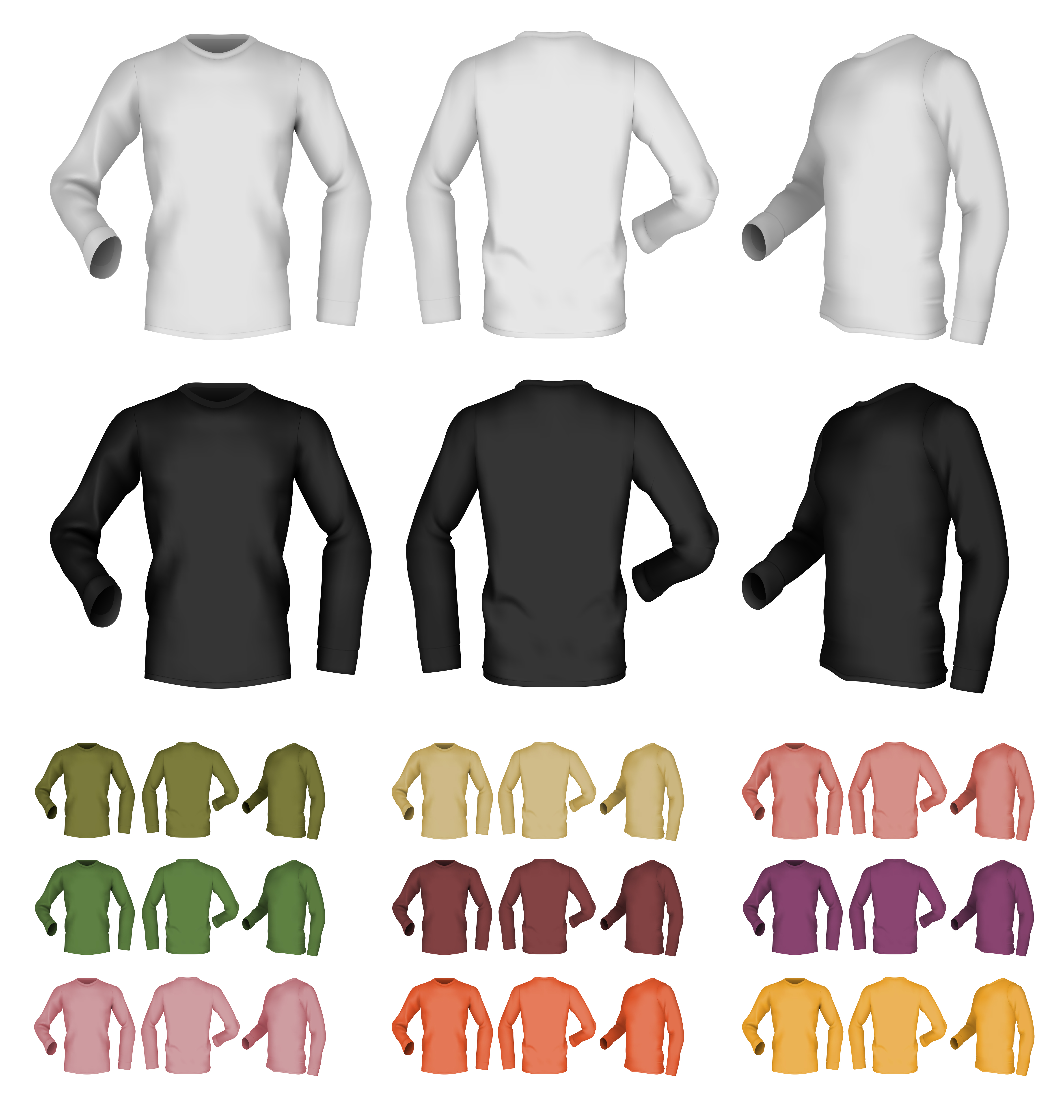 Long sleeve blank male t-shirt template. Front, rear and side view
