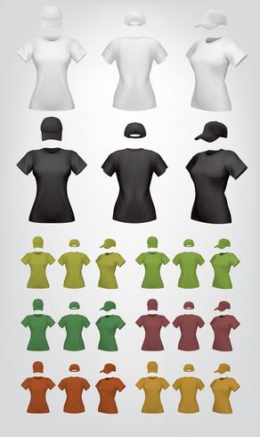 Plantilla de camiseta y gorra lisa de mujer. vector