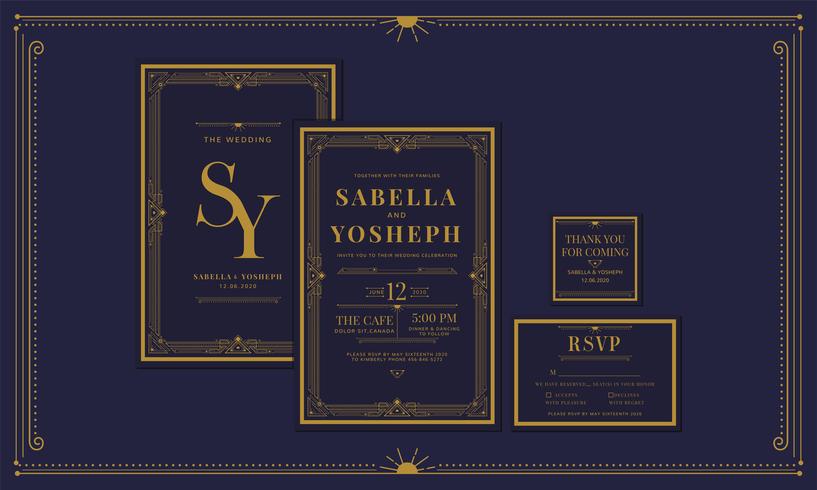 Compromiso Art Deco / Invitación de boda Art Deco de estilo vintage clásico azul marino con dorado y marco. Incluir etiquetas de agradecimiento y RSVP. Ilustración vectorial vector