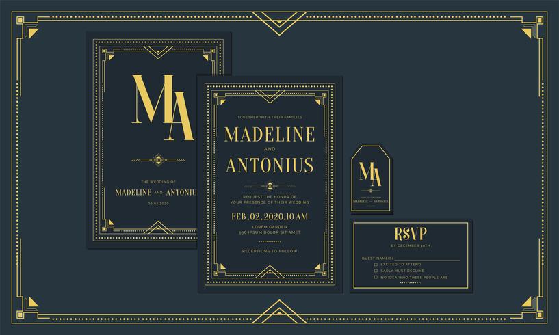 Compromiso Art Deco / Invitación de boda Art Deco de estilo vintage clásico azul marino con dorado y marco. Incluir etiquetas de agradecimiento y RSVP. Ilustración vectorial vector