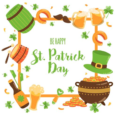 Hand Drawn Saint Patrick's Day Background.Irish music, leprechaun hat, flags, beer mugs, pot of gold coins. Vector -illustration