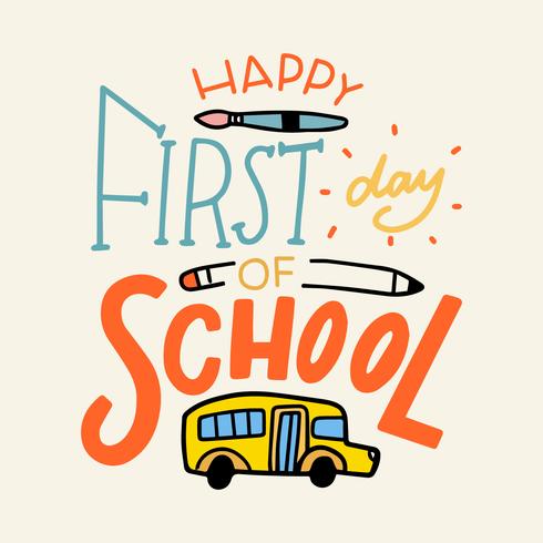 Colorful Lettering With School Bus, Brush And Pencil vector