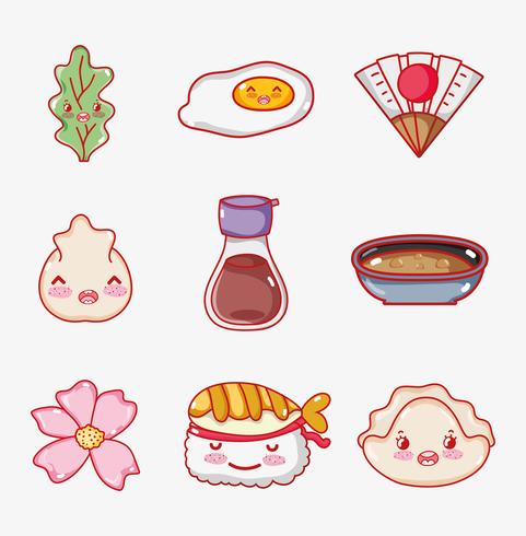 Gastronomía japonesa lindos dibujos animados kawaii. vector