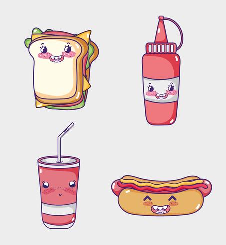 Fast food collection kawaii cartoons vector