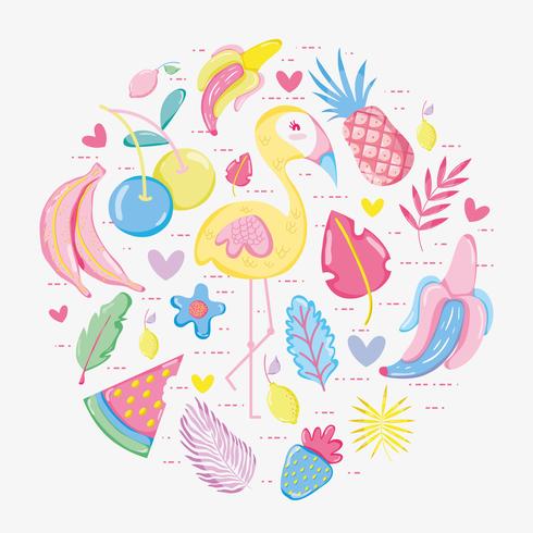 Punchy pastel flamingo and fruits