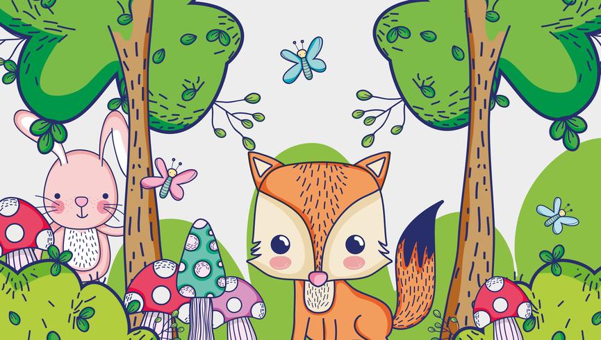 Fox en el bosque dibujos animados de doodle vector