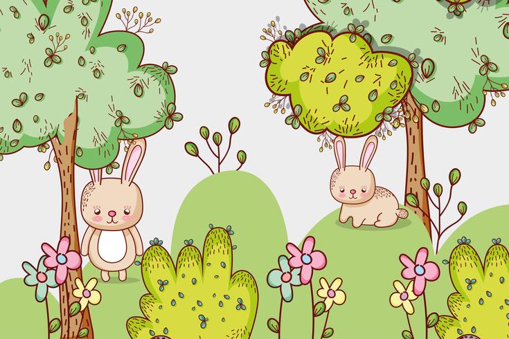 Conejitos en el bosque dibujos animados de doodle vector