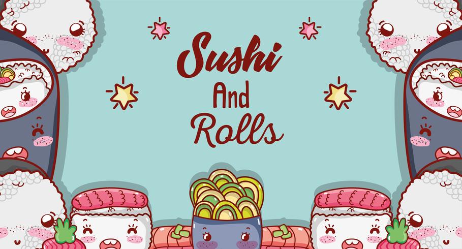 Sushi y rollos lindos dibujos animados kawaii vector