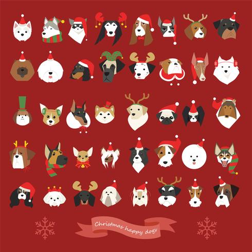 Un conjunto de muchas caras de perros vestidos con trajes de navidad. vector