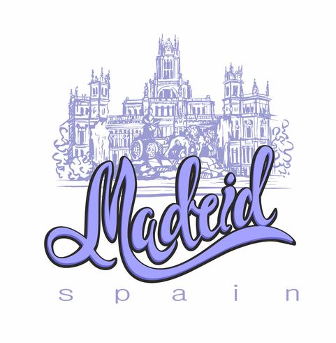 Travel. trip to Spain. City Of Madrid. Sketch. Cybele Palace and fountain at the Plaza Cibeles in Madrid, Spain.. Design concept for the tourism industry. Vector illustration.
