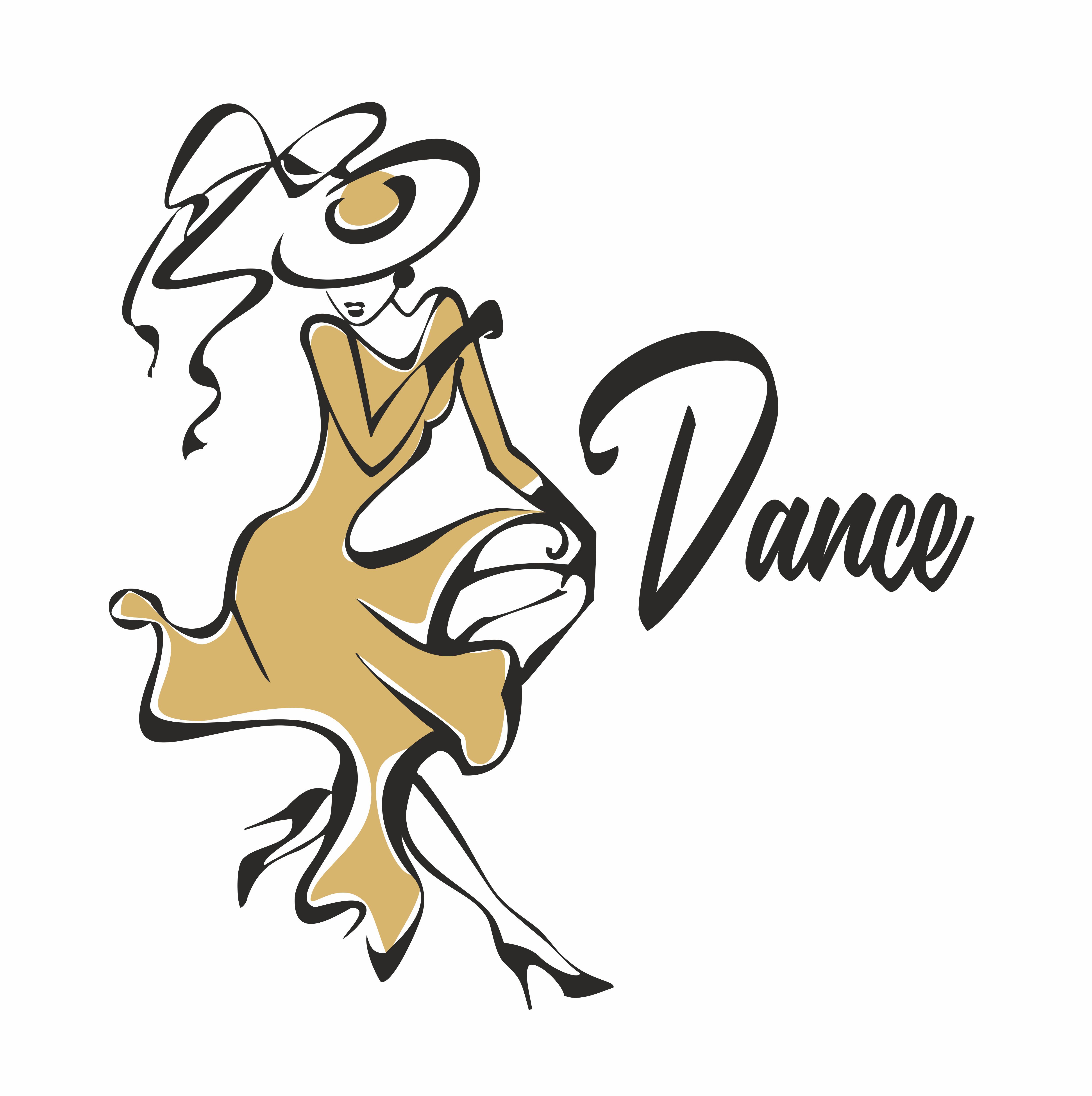 Dancer. The logo for the dance industry. Girl in a gold dress and a hat ...
