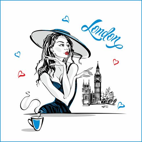 La chica del sombrero tomando café. Modelo de moda en londres. Gran Ben. Composicion romantica Elegante modelo de vacaciones. Vacaciones. Industria del turismo. Vector. vector