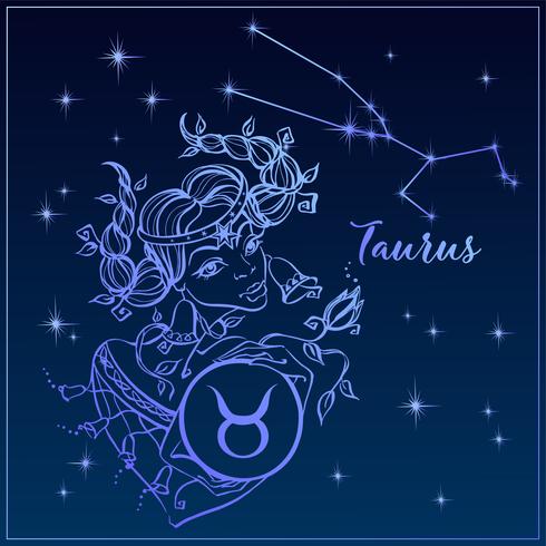 Signo del zodiaco Tauro como una niña hermosa. La constelación de tauro. Cielo nocturno. Horóscopo. Astrología. Vector. vector