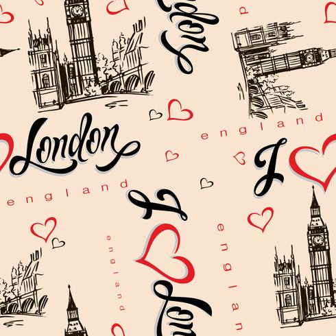 Patrón sin costuras Me encanta londres Inglaterra. Letras. Corazón. Gran Ben. Bosquejo. Vector. vector