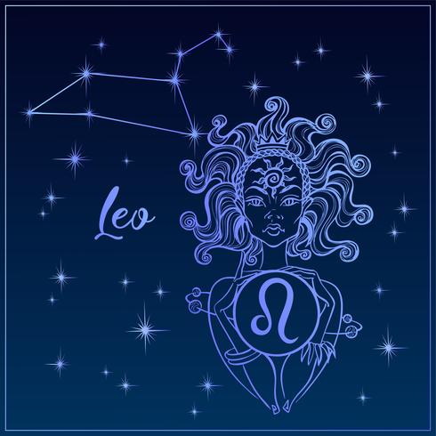 Zodiac sign Leo a beautiful girl. The Constellation of Leo. Night sky. Horoscope. Astrology. Vector. vector