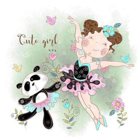 Little ballerina dancing with Panda ballerina. Cute girl. Inscription. Vector illustration