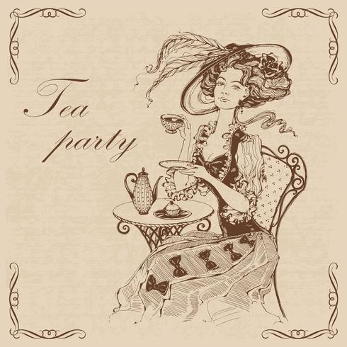 Beautiful Vintage Lady Tea Party Inscription Girl In A Hat Drinking Tea Engraving Graphics Brown Vector Download Free Vectors Clipart Graphics Vector Art,Std Draw