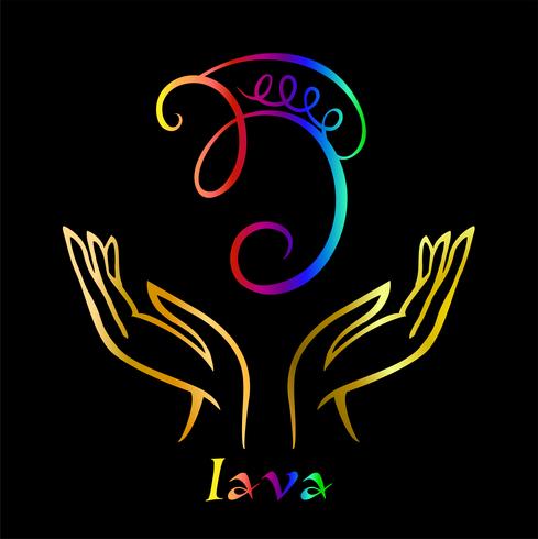 Karuna Reiki. Energy healing. Alternative medicine. Symbol Iava. Spiritual practice. Esoteric.Open palm. Rainbow color. Vector